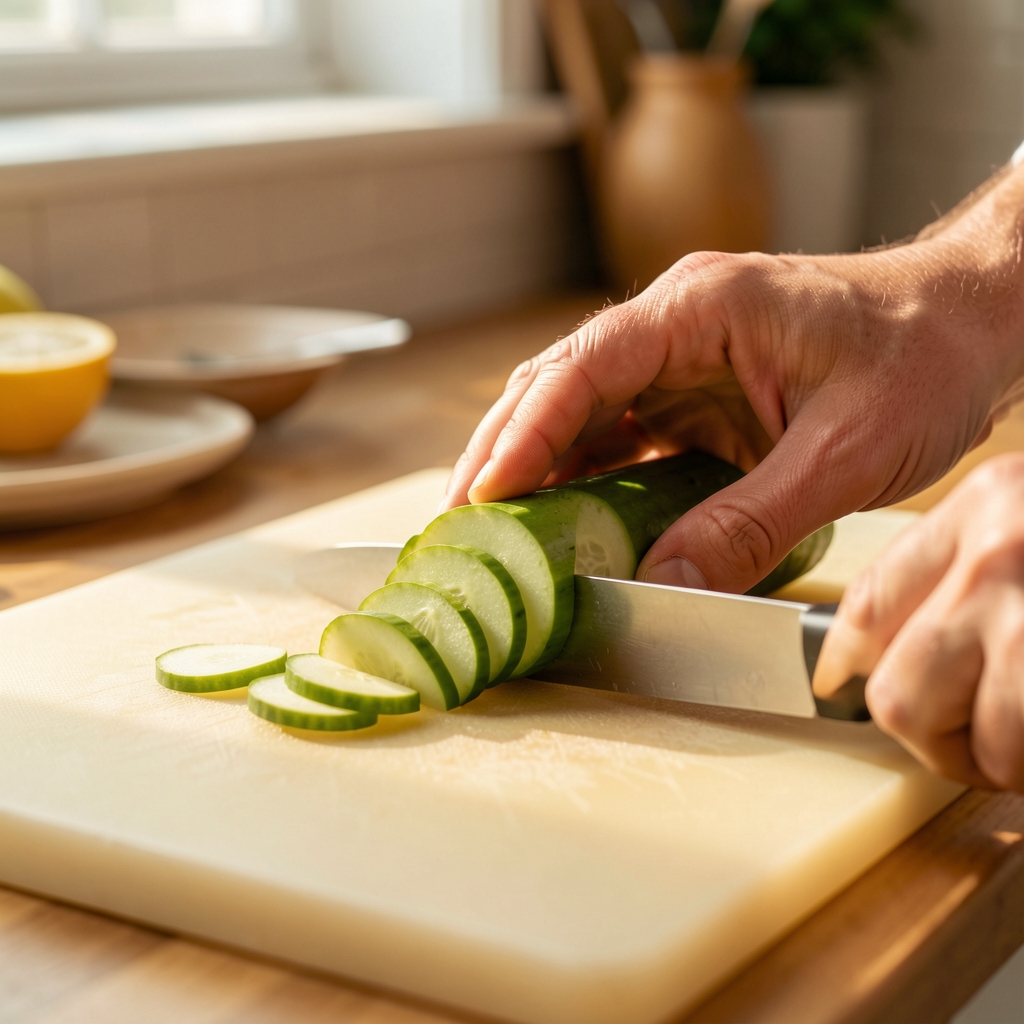 A close-up of hands holding a freshly sliced vegetable on a pale chopping board in warm natural kitchen light